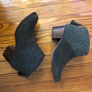 Tom’s olive suede and herringbone Leila booties